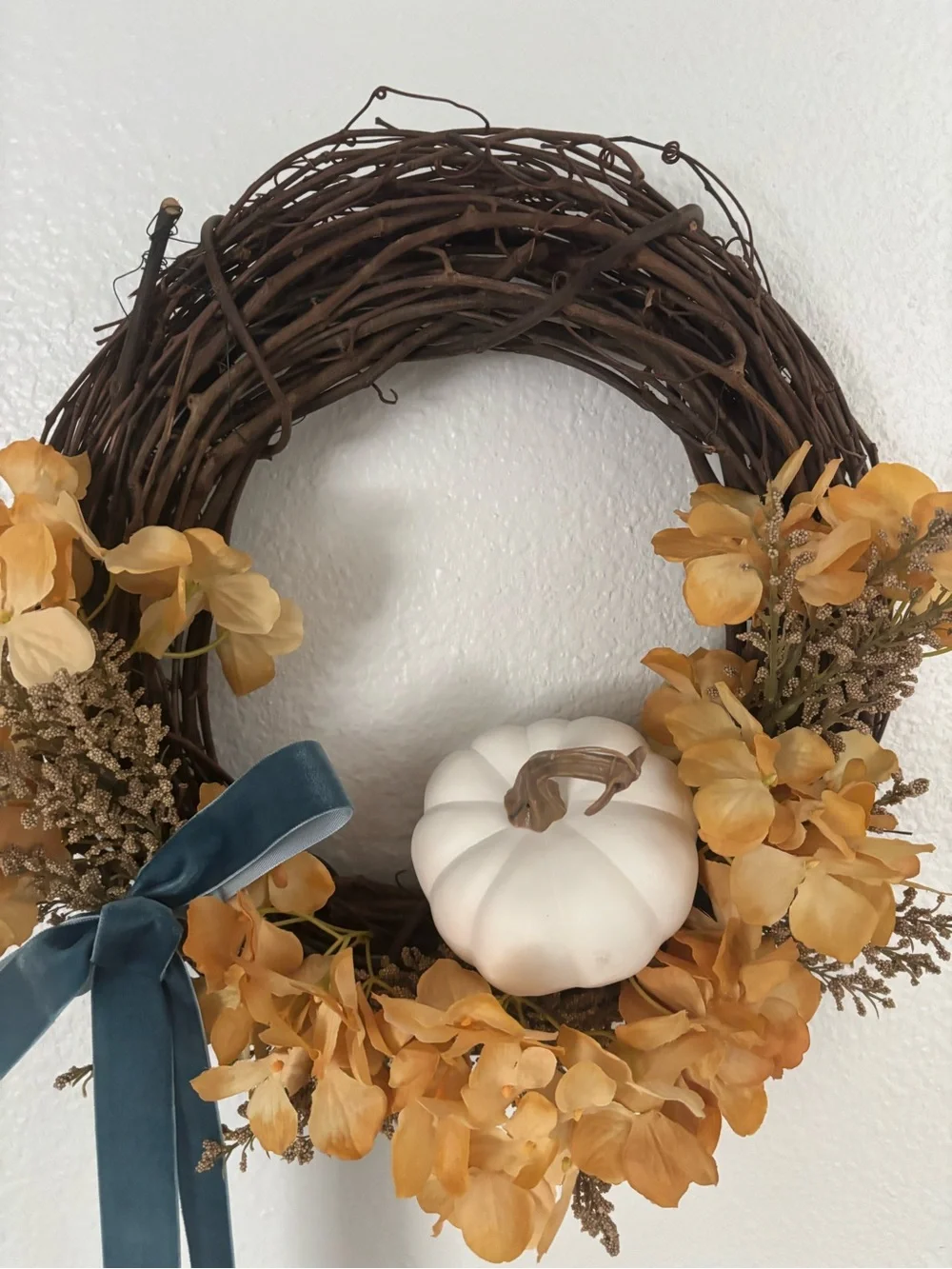 Autumn Hydrangeas Fall Harvest Wreath Pumpkin Hand Crafted w/Wine Bow Final Sale